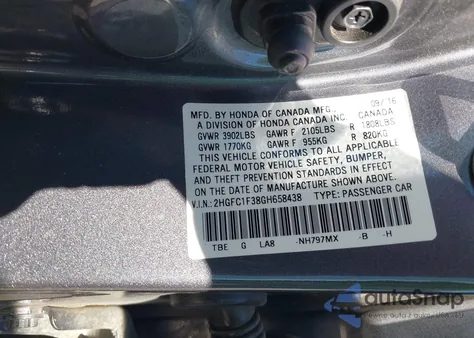 2016 Honda Civic Ex-T из США, поврежденный, VIN 2HGFC1F38GH658438